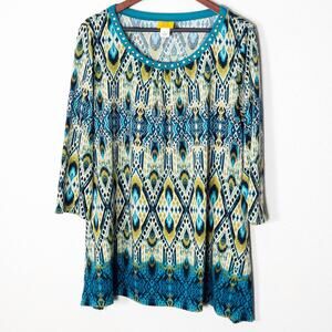 Ruby Rd Tunic Top Long Sleeve Blue Green Paisley Size L Bold Print